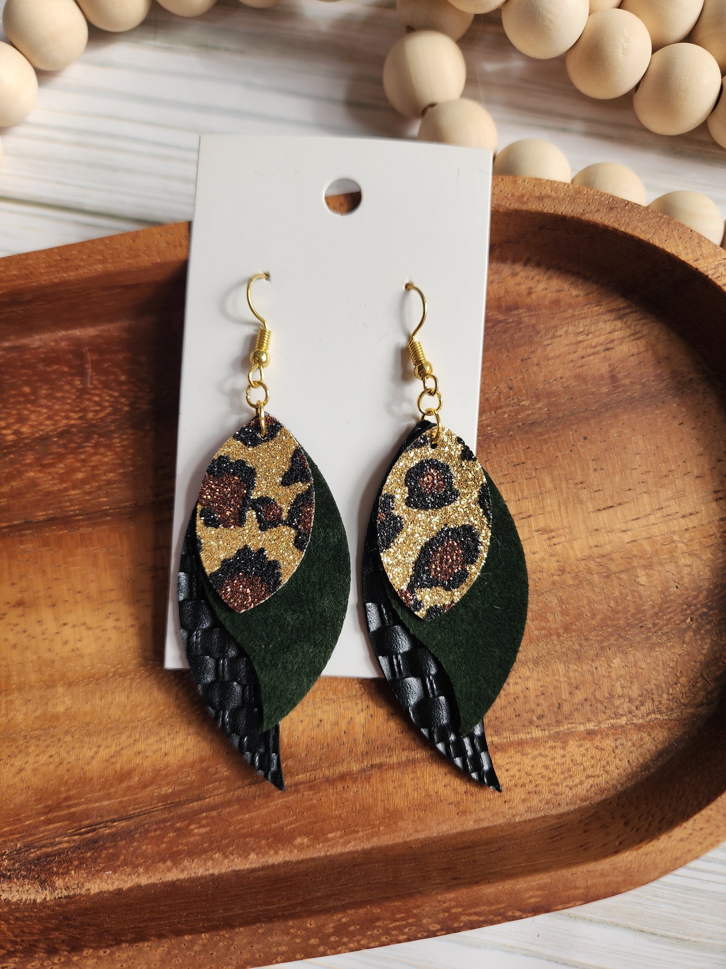 Black Olive Green & Cheetah Print Layered Earrings