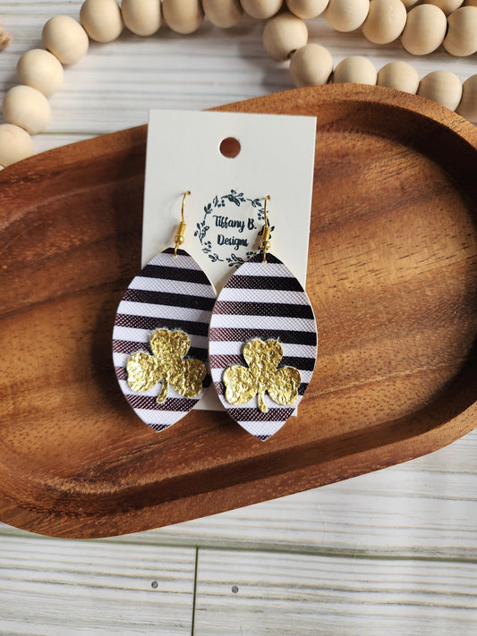 Black/White Stripe Gold Shamrock Earrings