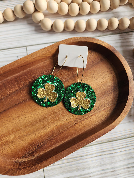 Green Glitter with Gold Shamrock Earrings