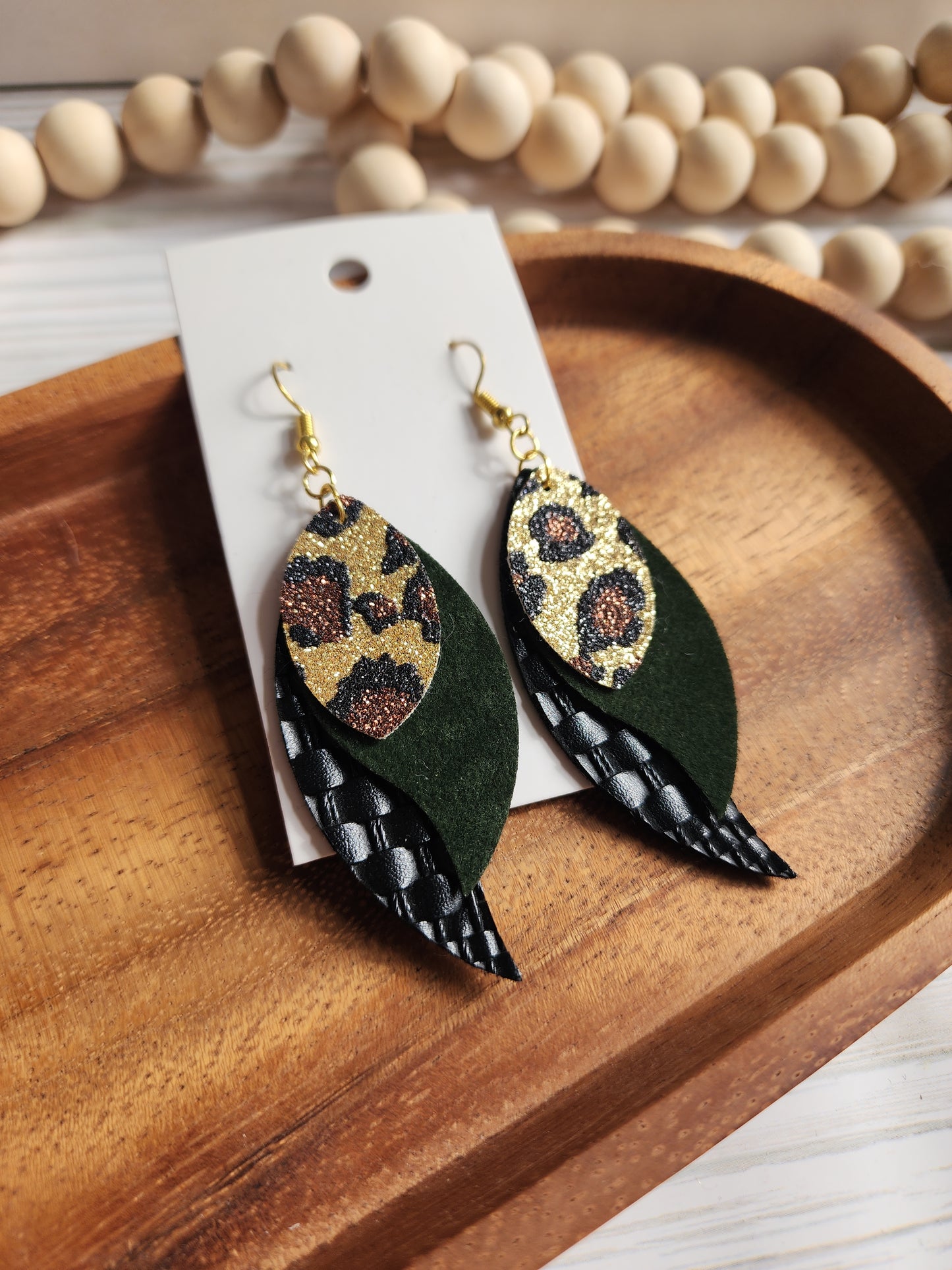 Black Olive Green & Cheetah Print Layered Earrings