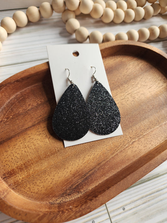 Small Black Glitter Teardrop Earrings