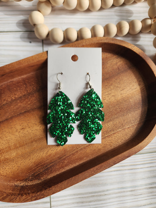 Green Glitter Feather Earrings