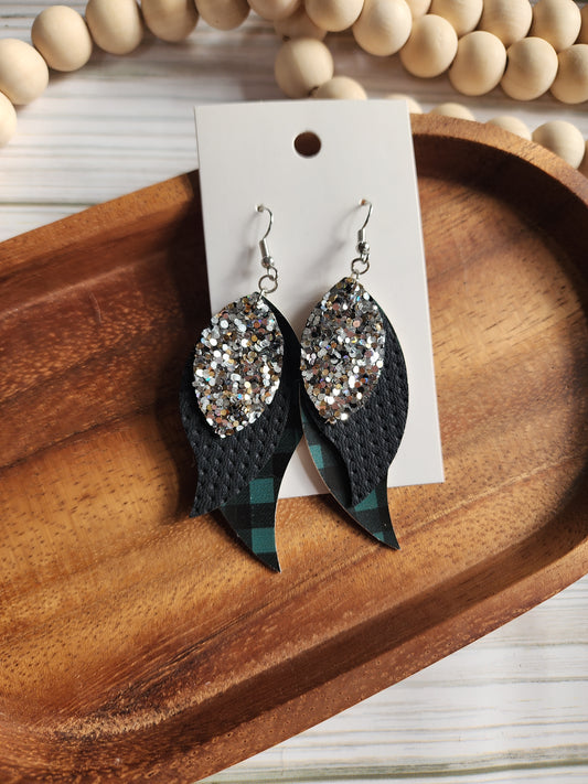 Green/Black Plaid, Black, & Silver Glitter Layered Earrings