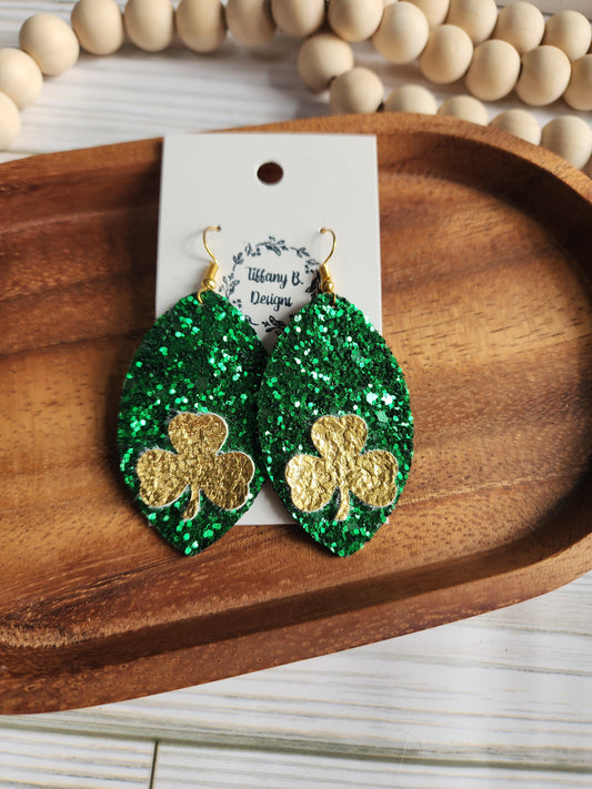 Green Glitter & Gold Shamrock Earrings