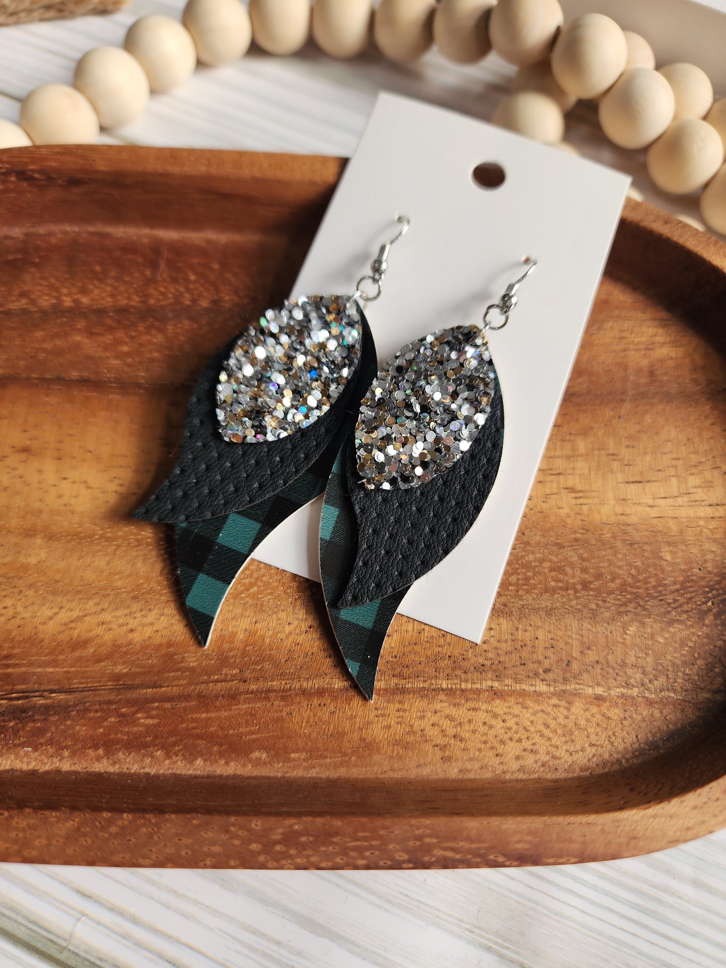 Green/Black Plaid, Black, & Silver Glitter Layered Earrings